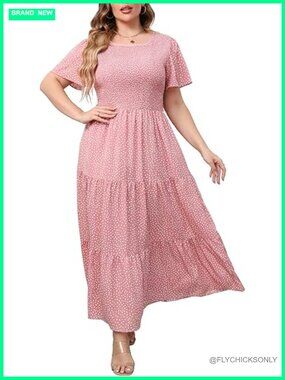 Plus Size Maxi Dress with Pockets Smocking Flutter Sleeves Tiered Layers Boho